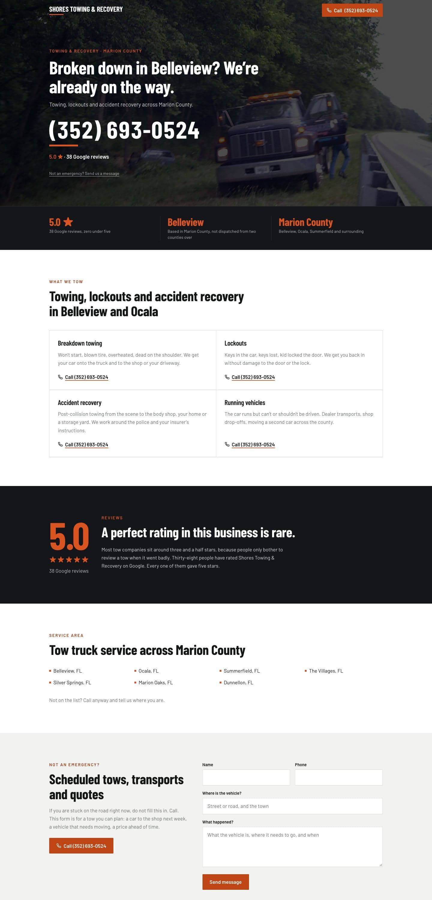 Shores Towing & Recovery website, full page